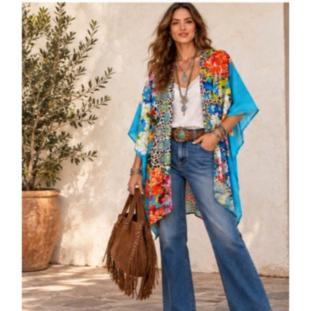 Johnny Was L XL Silk Cotton Tunic Kimono Floral Leopard Boho Festival Jacket